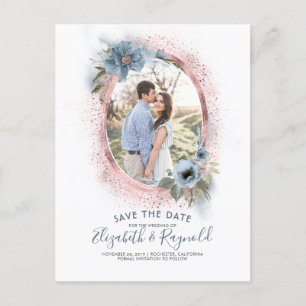 Dusty Blue and Rose Gold   Photo Save the Date Announcement Postcard