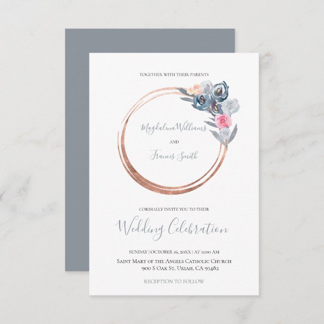 dusty blue and rose pink circle frame wedding invitation (Front/Back)