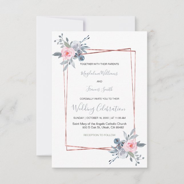 dusty blue and rose pink wedding invitation (Front)
