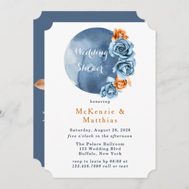 Dusty Blue and Rusty Peony Floral Wedding Shower Invitation (Front/Back)
