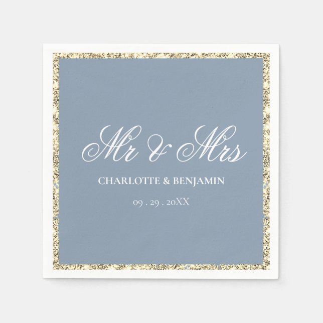 Dusty Blue and Silver Border Mr & Mrs Wedding  Napkin (Front)