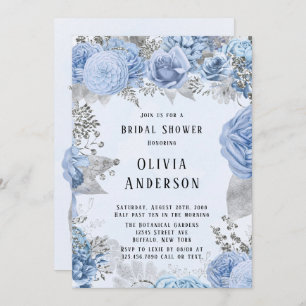 Dusty Blue and Silver Floral Bridal Shower Invitation