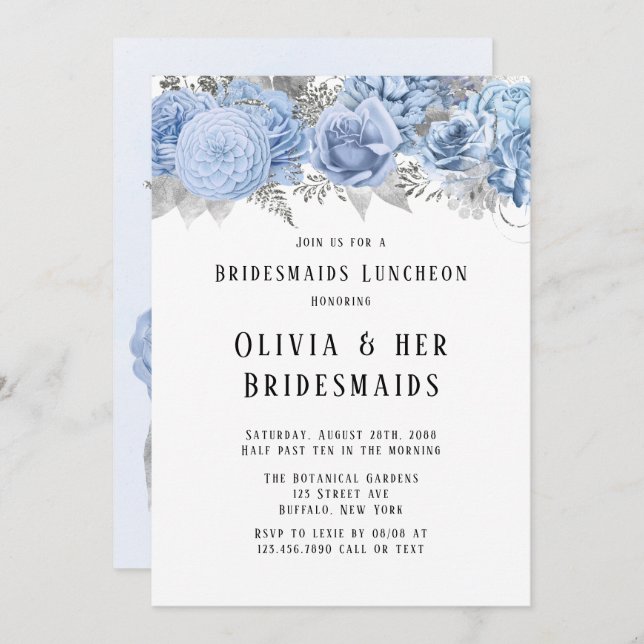 Dusty Blue and Silver Floral Bridesmaides Luncheon Invitation (Front/Back)