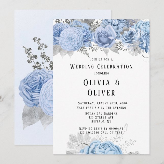 Dusty Blue and Silver Floral Wedding Invitation (Front/Back)