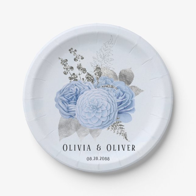 Dusty Blue and Silver Floral Wedding Paper Plate (Front)