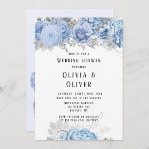Dusty Blue and Silver Floral Wedding Shower Invita Invitation