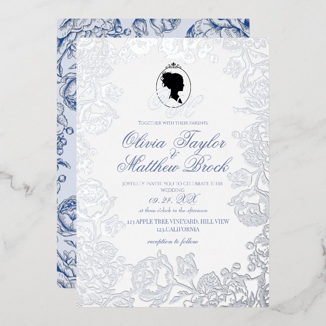 Dusty Blue and Silver Foil Elegant Wedding (Front/Back)