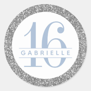 Dusty Blue and Silver Glitter Birthday Favour Classic Round Sticker