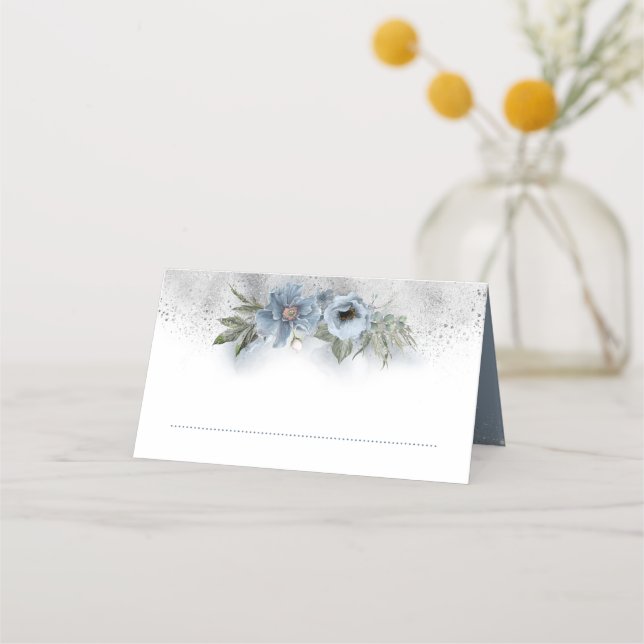 Dusty Blue and Silver Glitter Floral Wedding Place Card (Front)