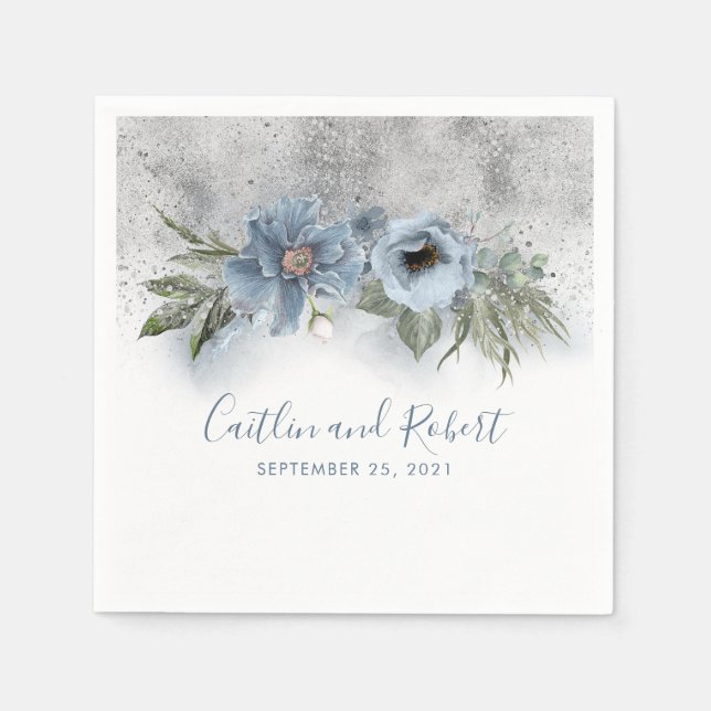 Dusty Blue and Silver Glitter Romantic Wedding Napkin (Front)
