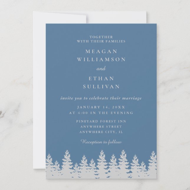 Dusty Blue and Silver Pine Trees Winter Wedding  Invitation (Front)