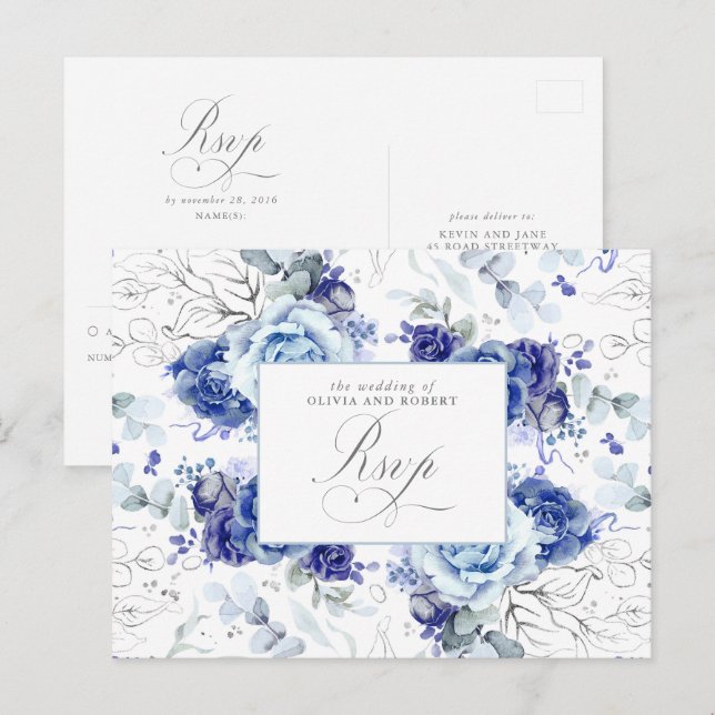 Dusty Blue and Silver Wedding RSVP Postcard (Front/Back)