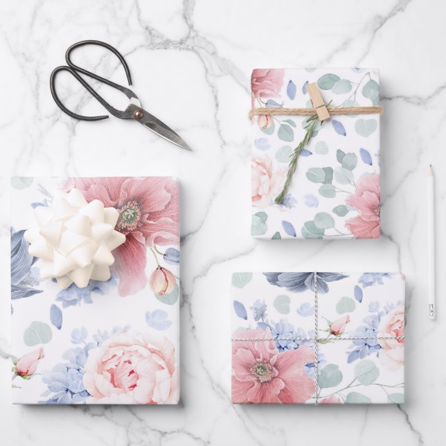 Dusty Blue and Soft Pink Flowers Botanical Pattern Wrapping Paper Sheet (Front)