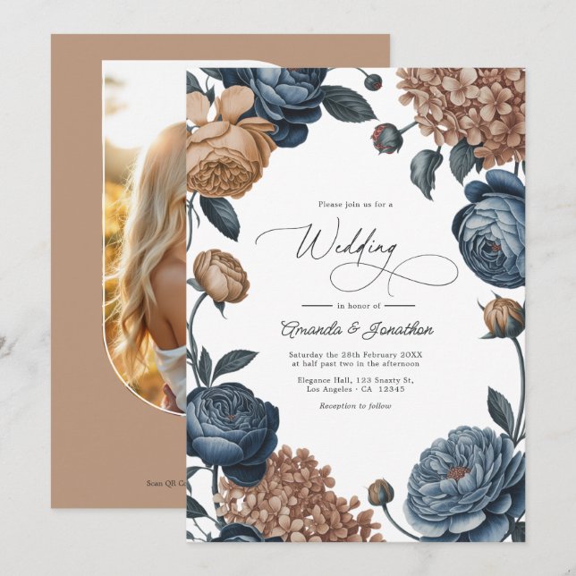 Dusty Blue and Taupe Watercolor Floral Wedding Invitation (Front/Back)