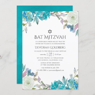 Dusty Blue and Turquoise Floral Bat Mitzvah Invitation