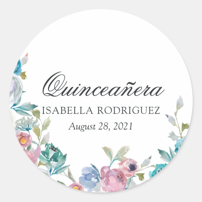 Dusty Blue and Turquoise Floral Quinceañera Classic Round Sticker (Front)