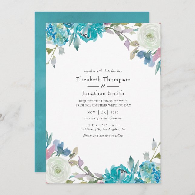 Dusty Blue and Turquoise Floral Wedding Invitation (Front/Back)