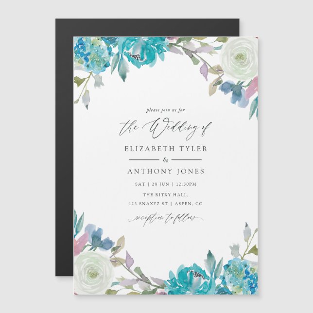Dusty Blue and Turquoise Floral Wedding Magnetic Invitation (Front/Back)