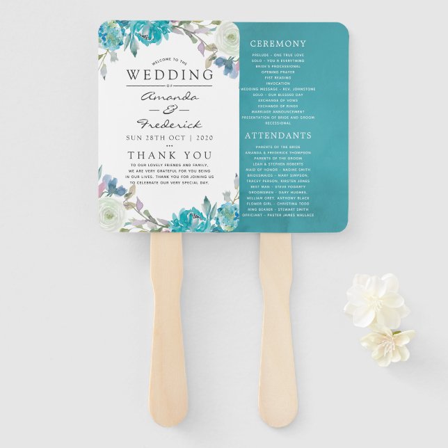 Dusty Blue and Turquoise Floral Wedding Program Hand Fan (Front and Back)