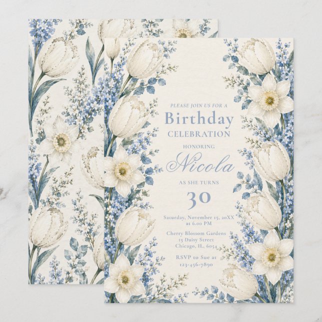 Dusty Blue and White Birthday Invitation (Front/Back)