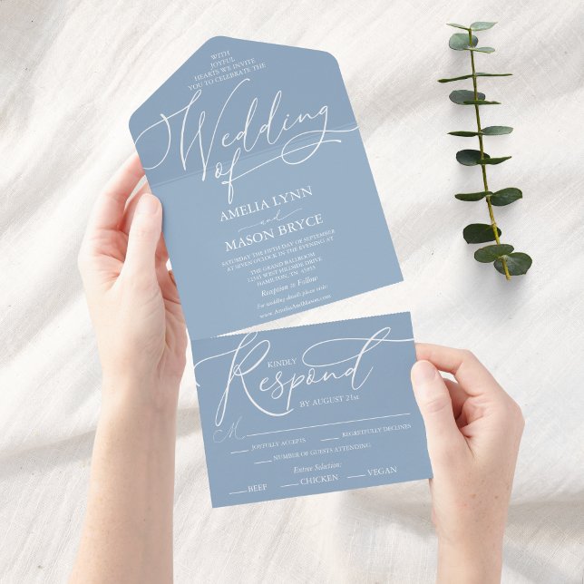 Dusty Blue and White Calligraphy Script Wedding All In One Invitation (Dusty Blue Elegant Script Wedding Invitation All in One)
