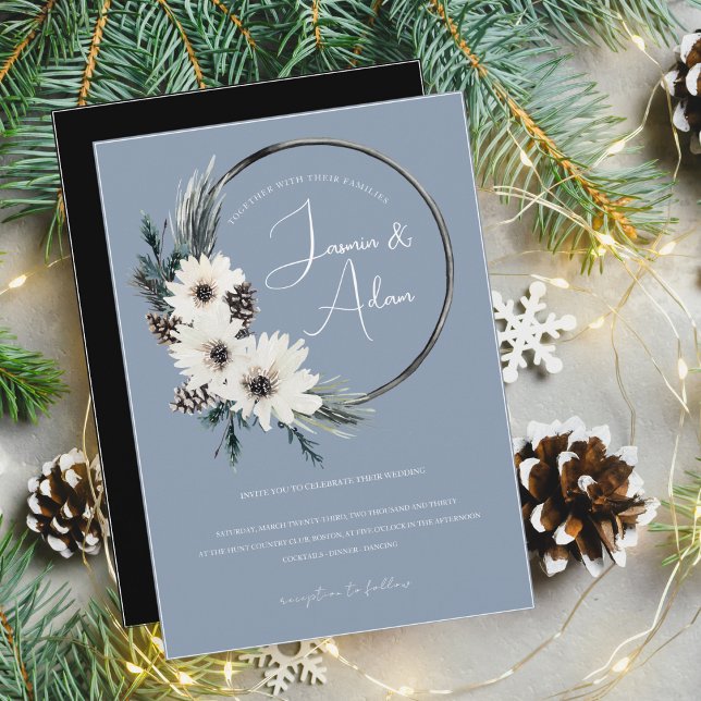 Dusty Blue and White Christmas Florals Wedding Invitation (Creator Uploaded)