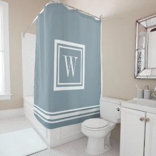 Dusty Blue and White Classic Square Monogram Shower Curtain