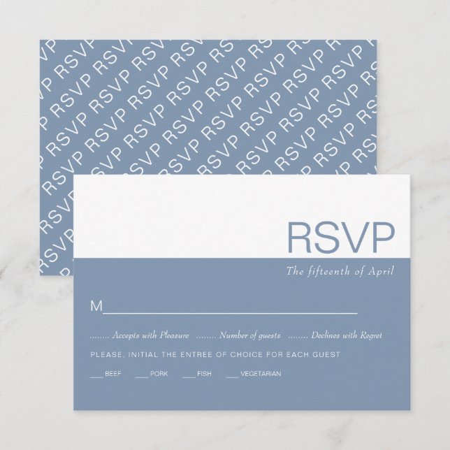Dusty blue and white colorblock whimsical wedding RSVP card (Front/Back)