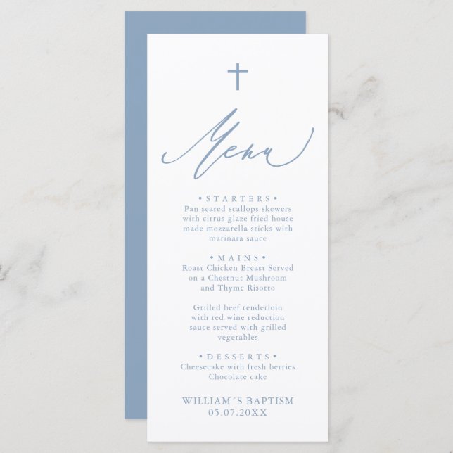 Dusty Blue and White Cross Boy Baptism Menu Card (Front/Back)
