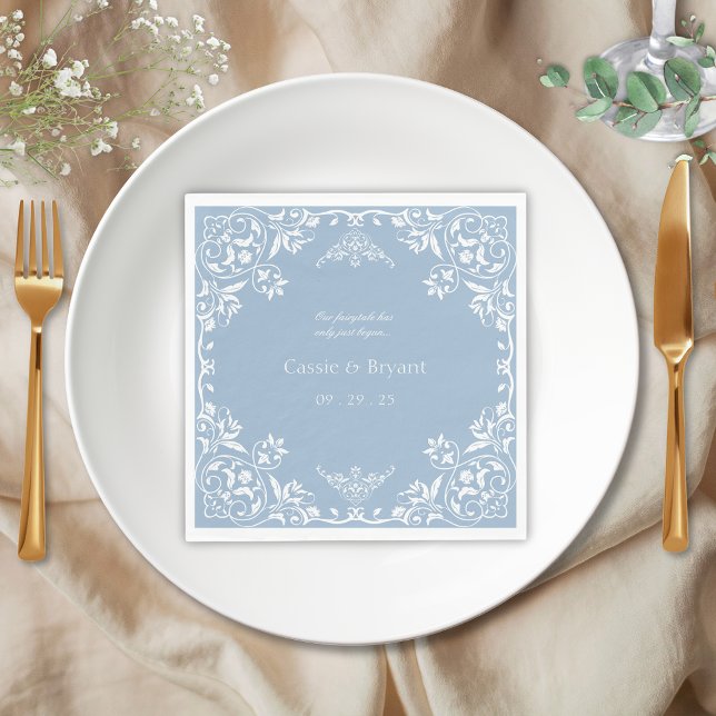 Dusty Blue and White Elegant Coastal Chic Wedding Napkin (Elegant light dusty blue regency era chinoiserie vintage wedding napkins with bride and groom names)