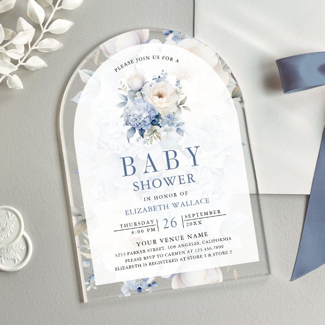 Dusty Blue and White Floral Baby Shower Acrylic Invitations (Creator Uploaded)