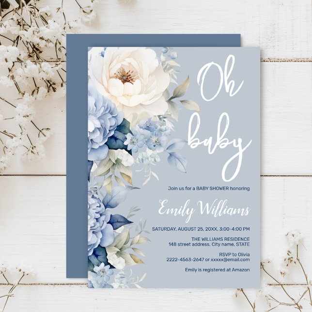 Dusty blue and white floral baby shower invitation (Dusty blue watercolor flowers peonies rustic gender neutral baby shower invitation )