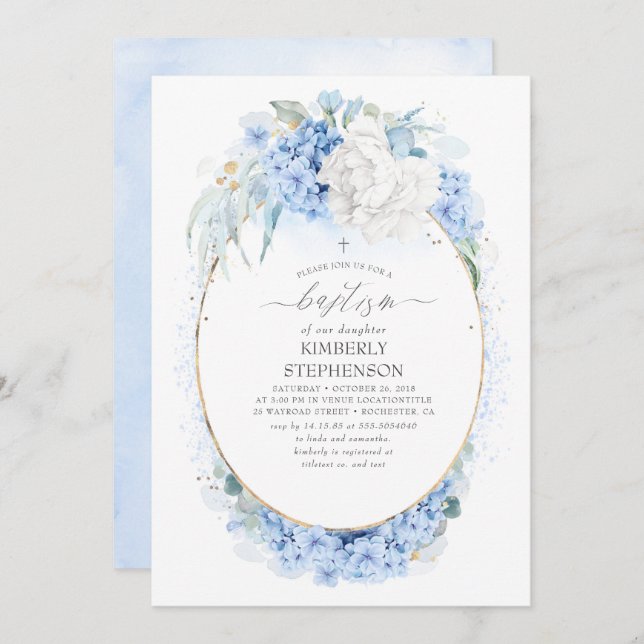 Dusty Blue and White Floral Baptism Invitation (Front/Back)