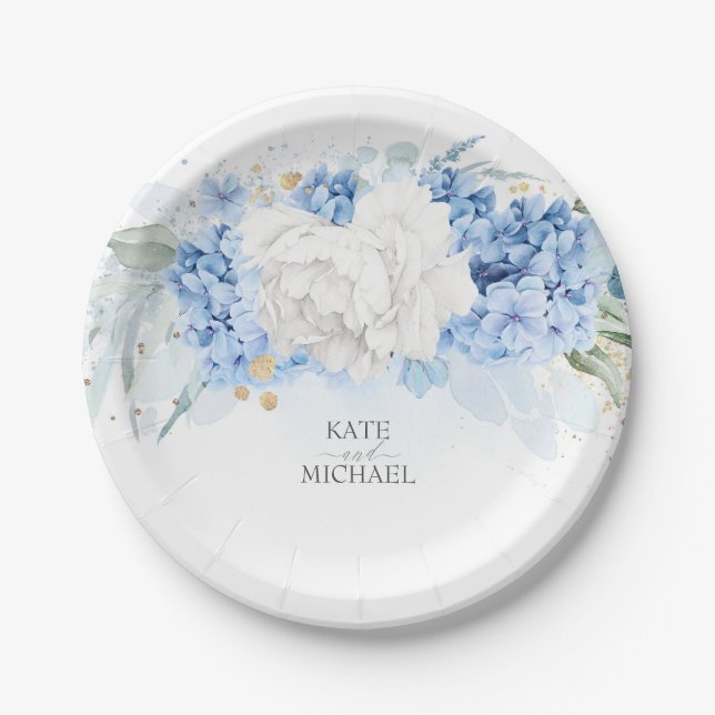 Dusty Blue and White Floral Elegant Paper Plate (Front)