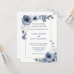 Dusty Blue And White Floral Gold Botanical Wedding Invitation