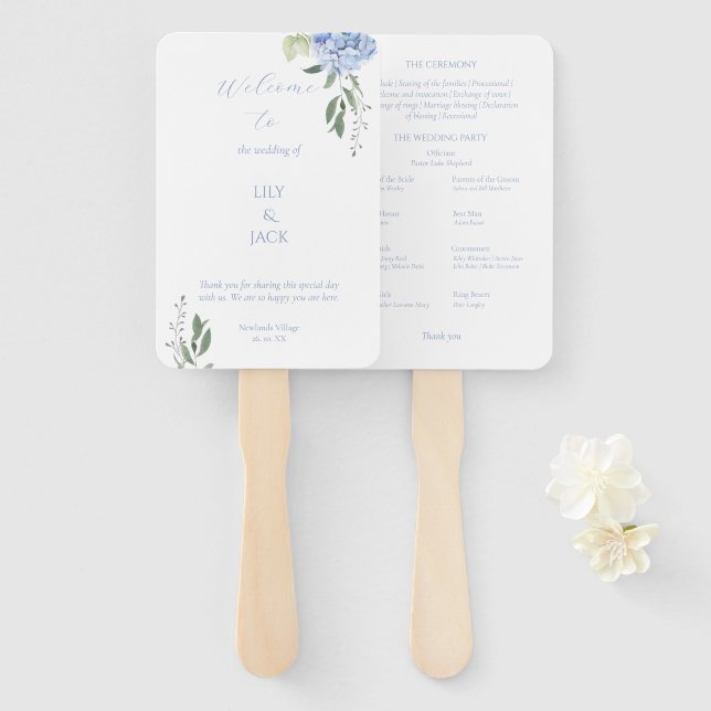 Dusty Blue and White Floral Hydrangea Set of Fans (Front and Back)