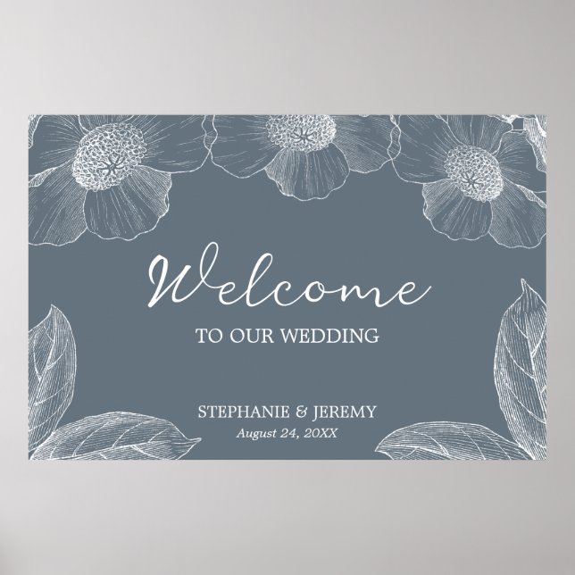 Dusty Blue and White Floral Line Art  Poster (Front)