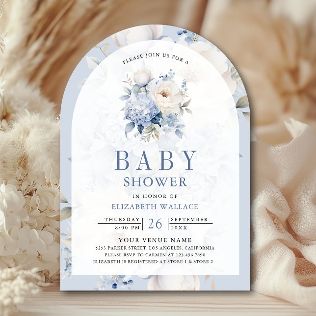 Dusty Blue and White Floral QR Code Baby Shower Invitation (Creator Uploaded)