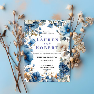 Dusty Blue and white floral wedding Invitation 