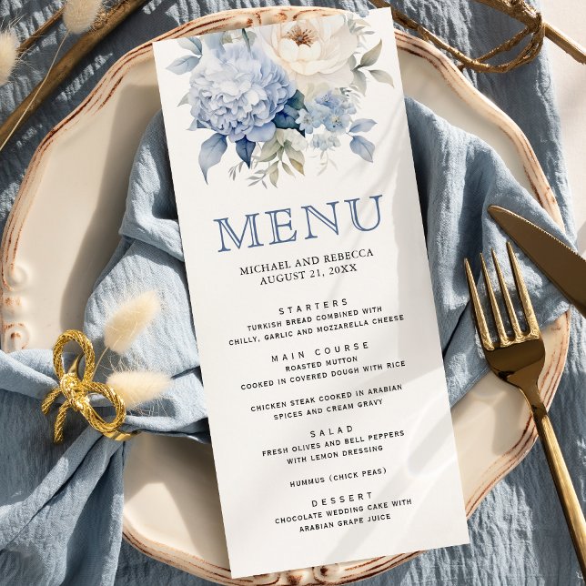 Dusty Blue and White Floral Wedding Menu (Creator Uploaded)