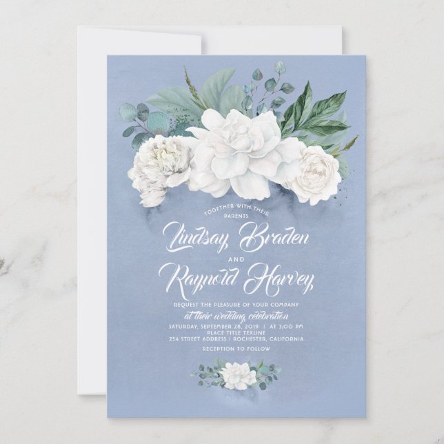 Dusty Blue and White Flowers Elegant Peony Wedding Invitation (Front)