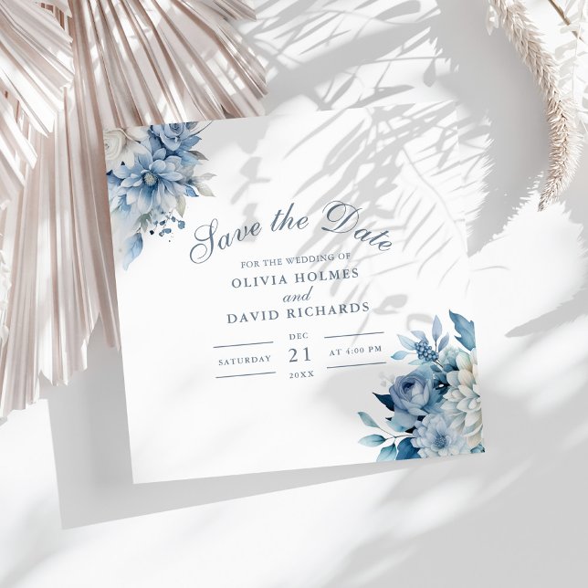 Dusty Blue and White Flowers Wedding Save the Date (Dusty Blue and White Flowers Wedding Save the Date on a sunny white table.)