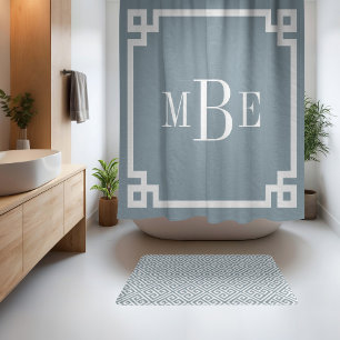 Dusty Blue and White Greek Key   Monogrammed Shower Curtain