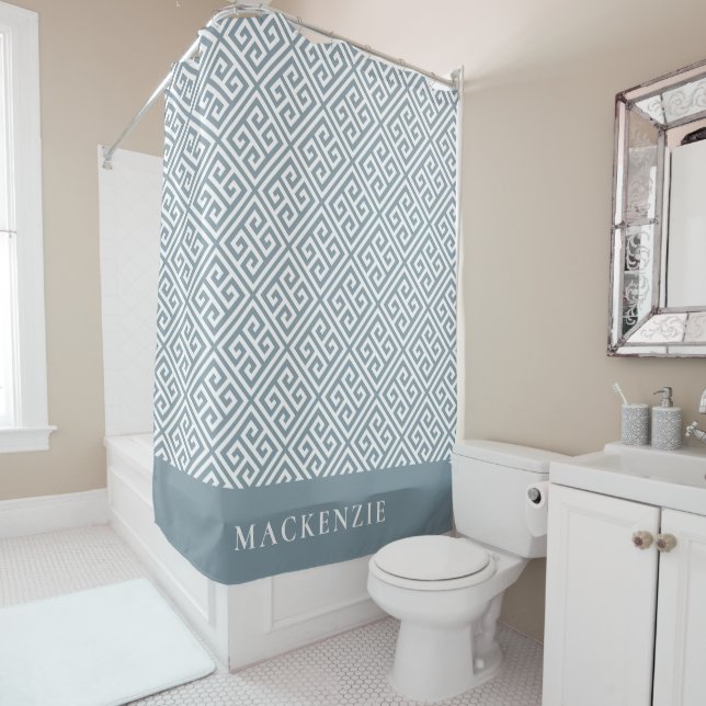 Dusty Blue and White Greek Key Name Monogram Shower Curtain (In Situ)