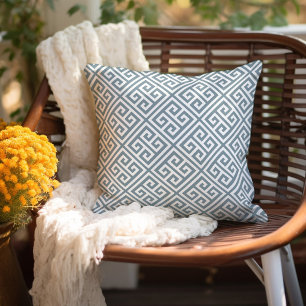 Dusty Blue and White Greek Key Pattern Cushion