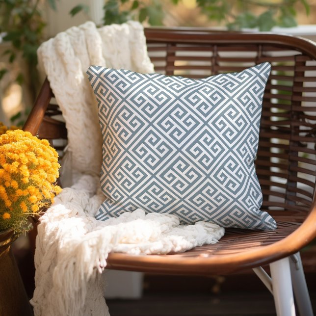 Dusty Blue and White Greek Key Pattern Cushion (Creator Uploaded)