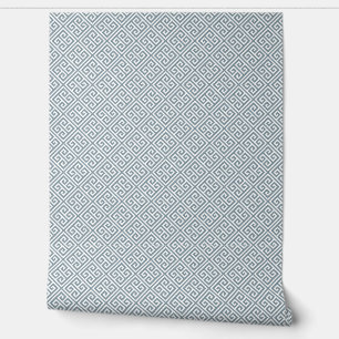 Dusty Blue and White Greek Key Pattern Wallpaper