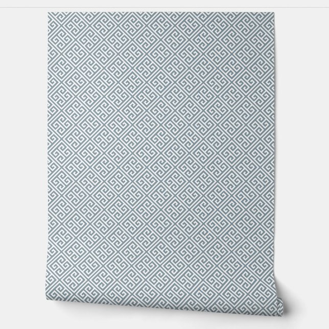 Dusty Blue and White Greek Key Pattern Wallpaper (Unrolling)