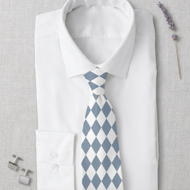 Dusty Blue and White Harlequin Diamond Tie (Dusty blue and white classic diamond pattern wedding tie.)