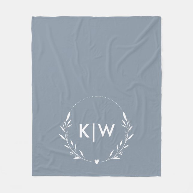 Dusty Blue  and White | Modern Initials Monogram Fleece Blanket (Front)